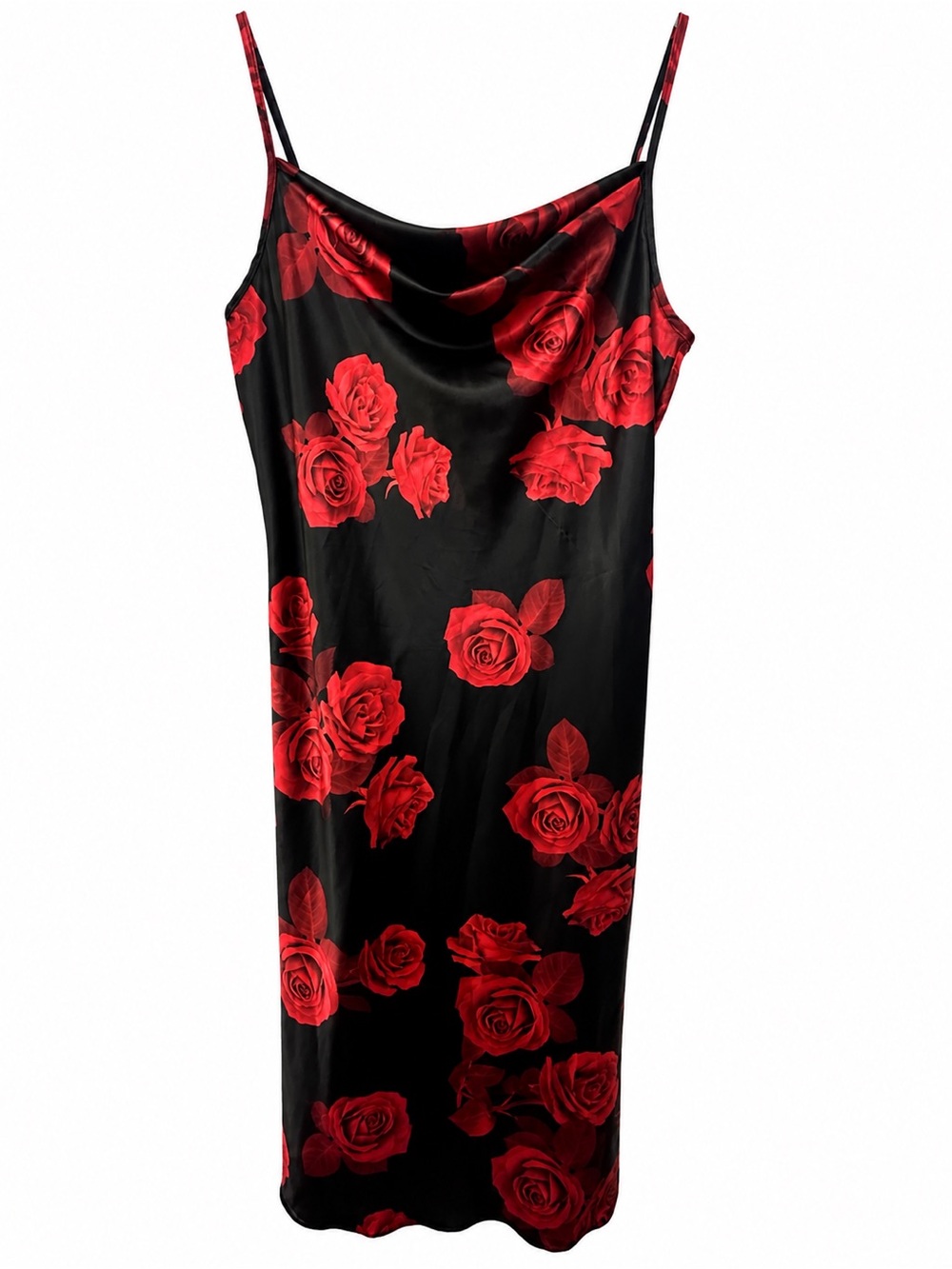 Bebe Black Slip Dress with Red Rose Print